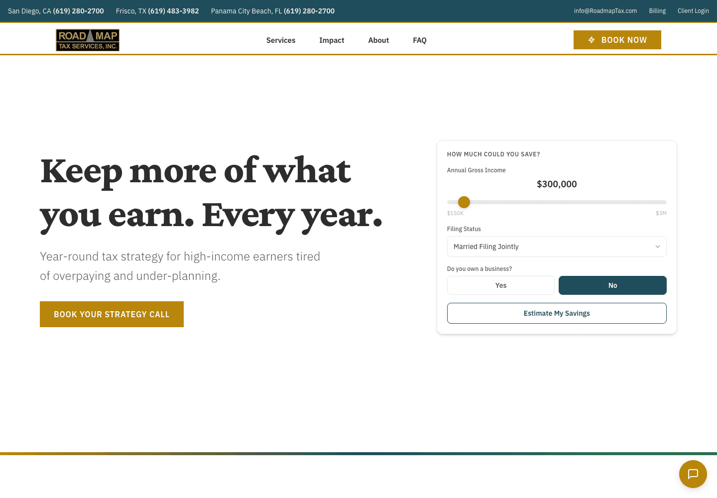 Roadmap Tax homepage with tax strategy messaging and a savings estimator